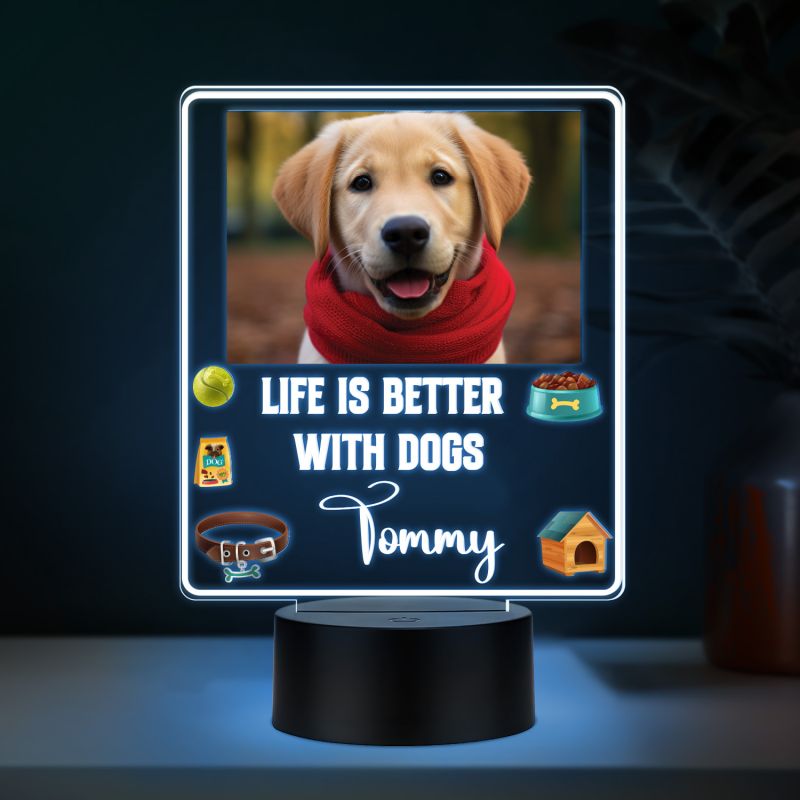 Personalized Dog Photo LED Night Lamp with Custom with Photo & Name, Life is Better with Dogs Quote, Color Changing Acrylic Light with Black Base Gift for Dog Lovers